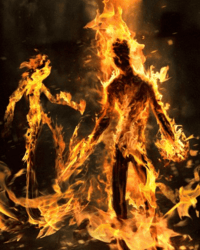 SCP-457, having split into two bodies, observes a camera during testing.